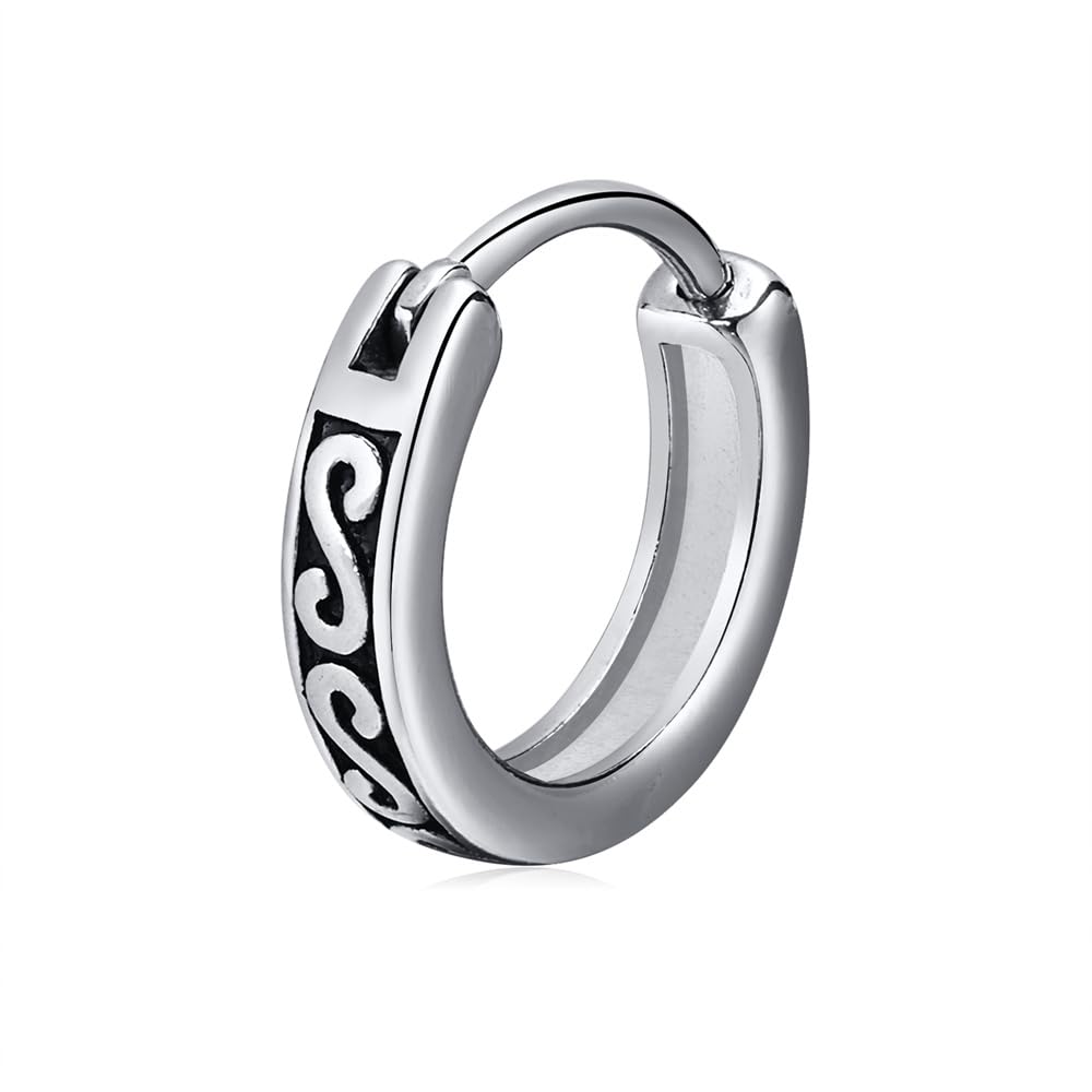 Rockyu メンズ フープピアス シルバー ステンレス 彫刻デザイン 片耳用 小さめ 金属アレルギー対応