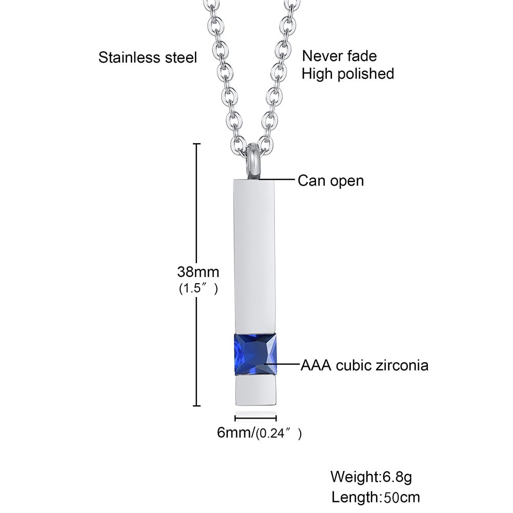 Rockyu メモリアルネックレス スティックペンダント 遺骨収納 ジルコニア付き 防水 ステンレス製