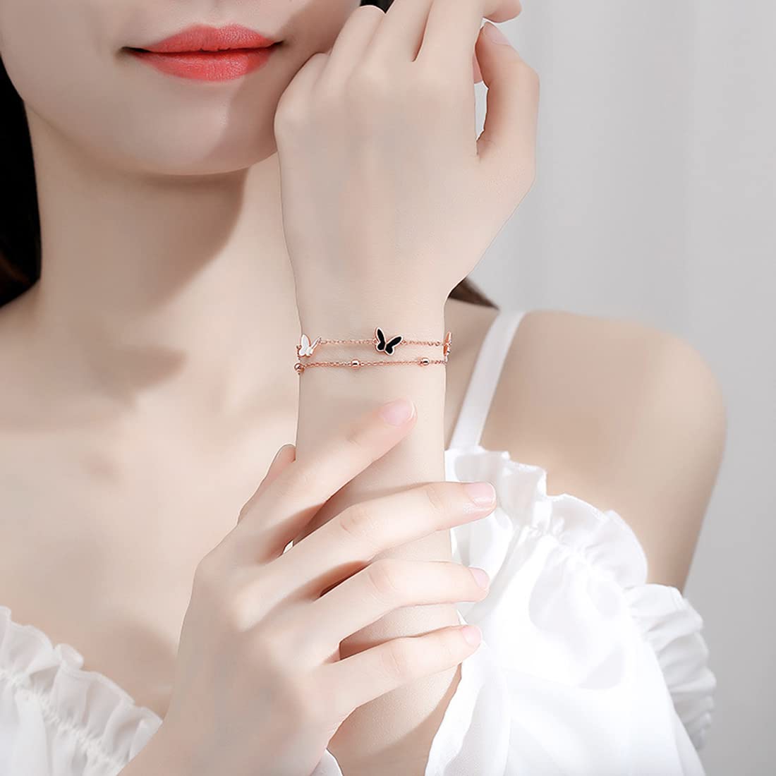 Rockyu ブレスレット レディース ピンクゴールド 18k エナメル 蝶々 バタフライブレスレット 二連チェーン 昆虫モチーフ誕生日 記念日 おしゃれ アクセサリー