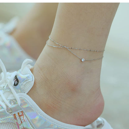 Rockyu アンクレット レディース ローズゴールド＆シルバー ダブルチェーン ジルコニア付き