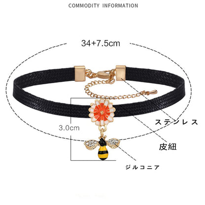 Rockyu チョーカー レディース 黒 レザー 蜜蜂 フラワー ジルコニア ペンダント