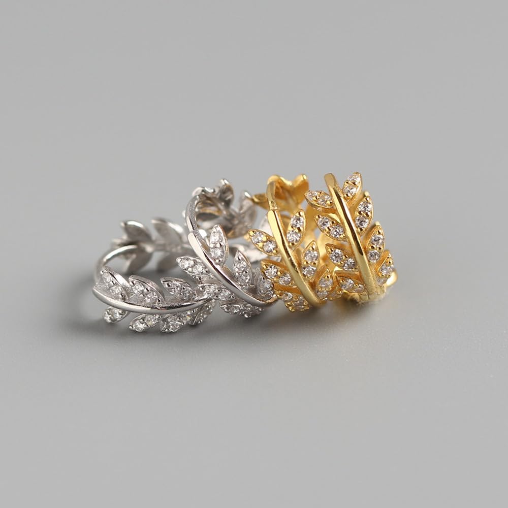 Rockyu ピアス レディース オリーブリーフデザイン フープピアス 18金仕上げ シルバー925 キュービックジルコニア