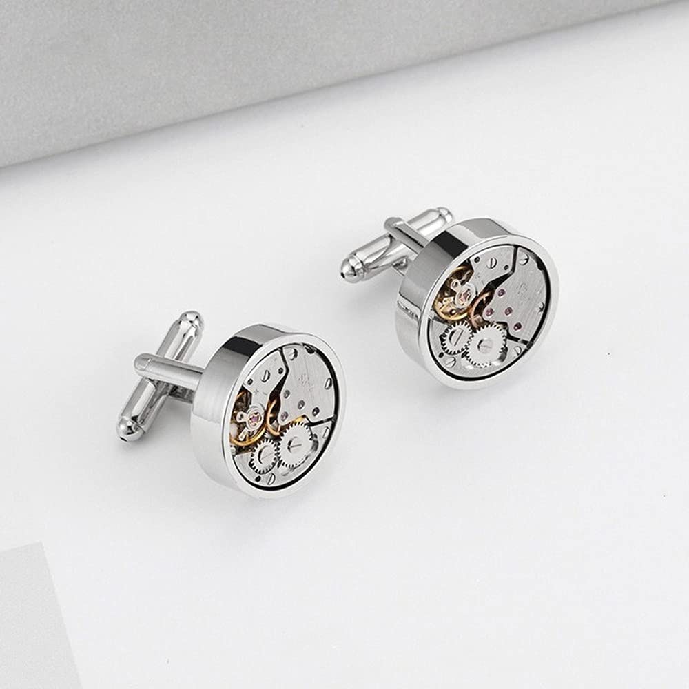 Rockyu メンズカフス 時計ムーブメント風メカニカルラウンドカフス シルバー