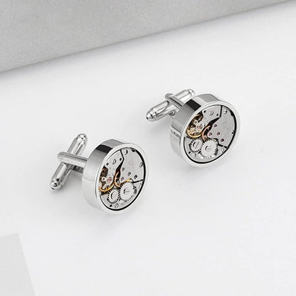 Rockyu メンズカフス 時計ムーブメント風メカニカルラウンドカフス シルバー