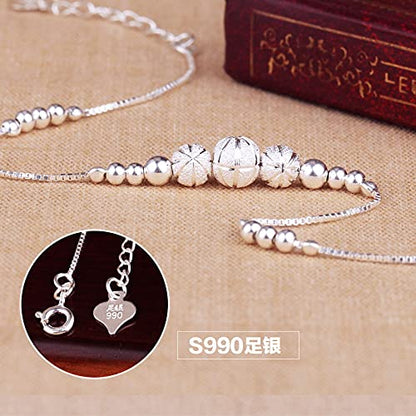 S990純銀製アンクレット レディース｜煌めく中空ビーズ＆ハートチャーム付