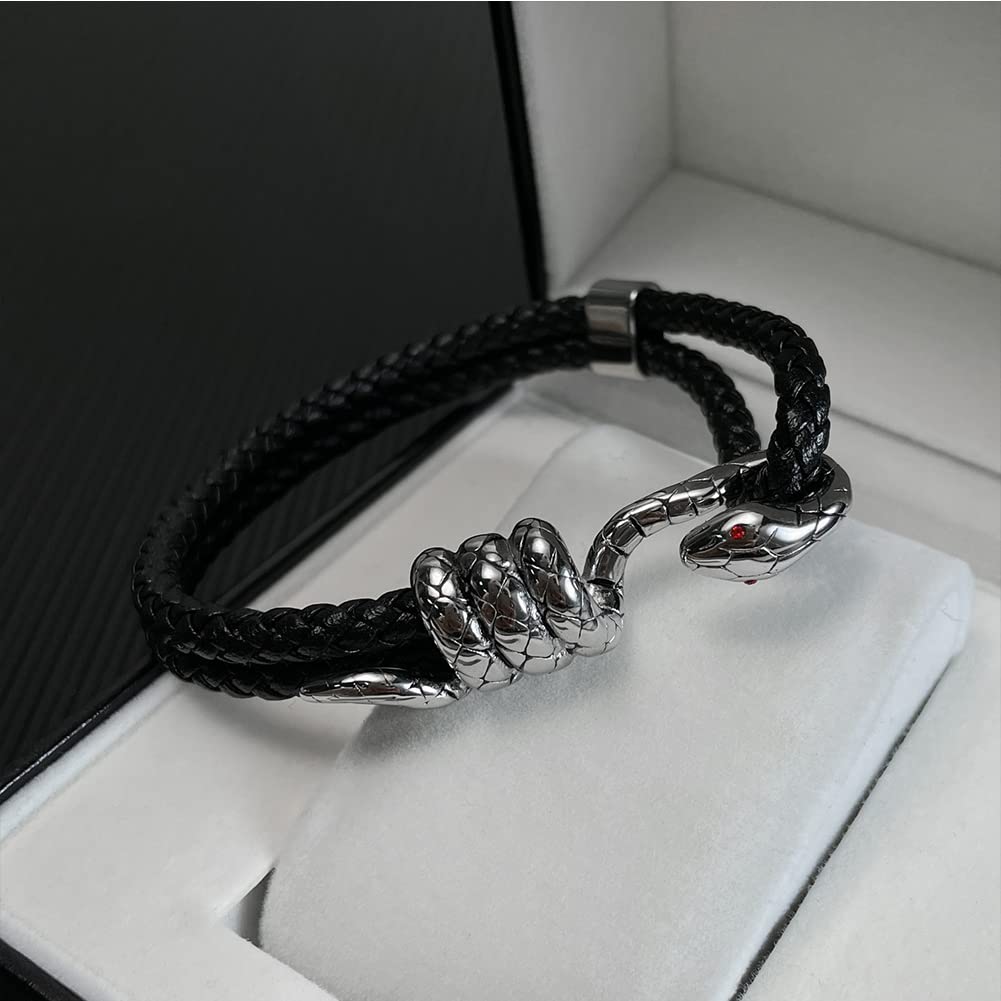 スネークレザーブレスレット メンズ｜編み込みレザー×ステンレス蛇ヘッドデザイン