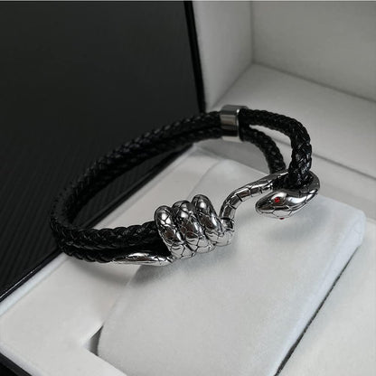 スネークレザーブレスレット メンズ｜編み込みレザー×ステンレス蛇ヘッドデザイン