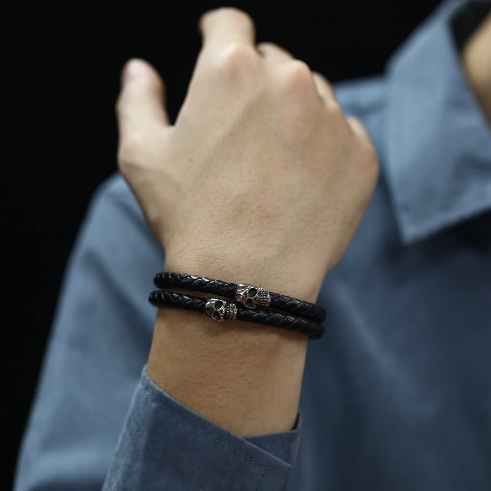 Rockyu メンズ スカル レザーブレスレット 2連 ドクロ ステンレス シルバー ゴールド ブラック