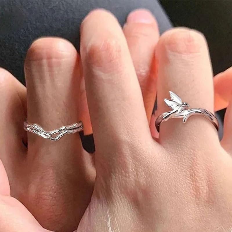 Rockyu ペアリング 二羽の鳥が結ぶ愛のかたち シルバー925 フリーサイズ カップルセット