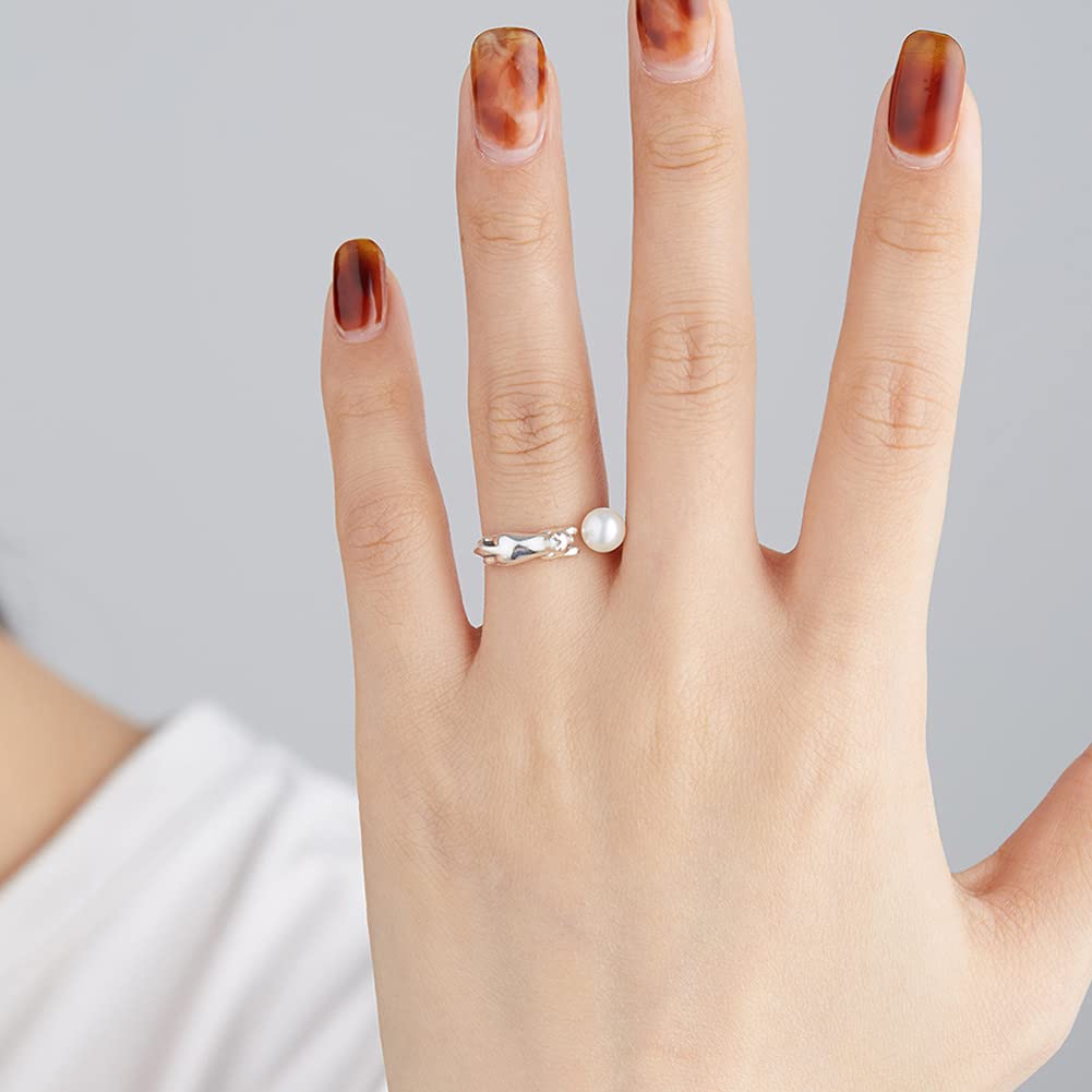 Rockyu レディースリング フリーサイズ 猫とパールのシルバー925指輪