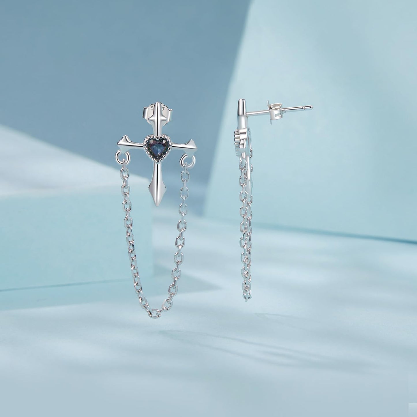 Rockyu ピアス レディース 925シルバー 十字架 チェーン 流蘇デザイン ハートモチーフ フープ 鏡面仕上げ