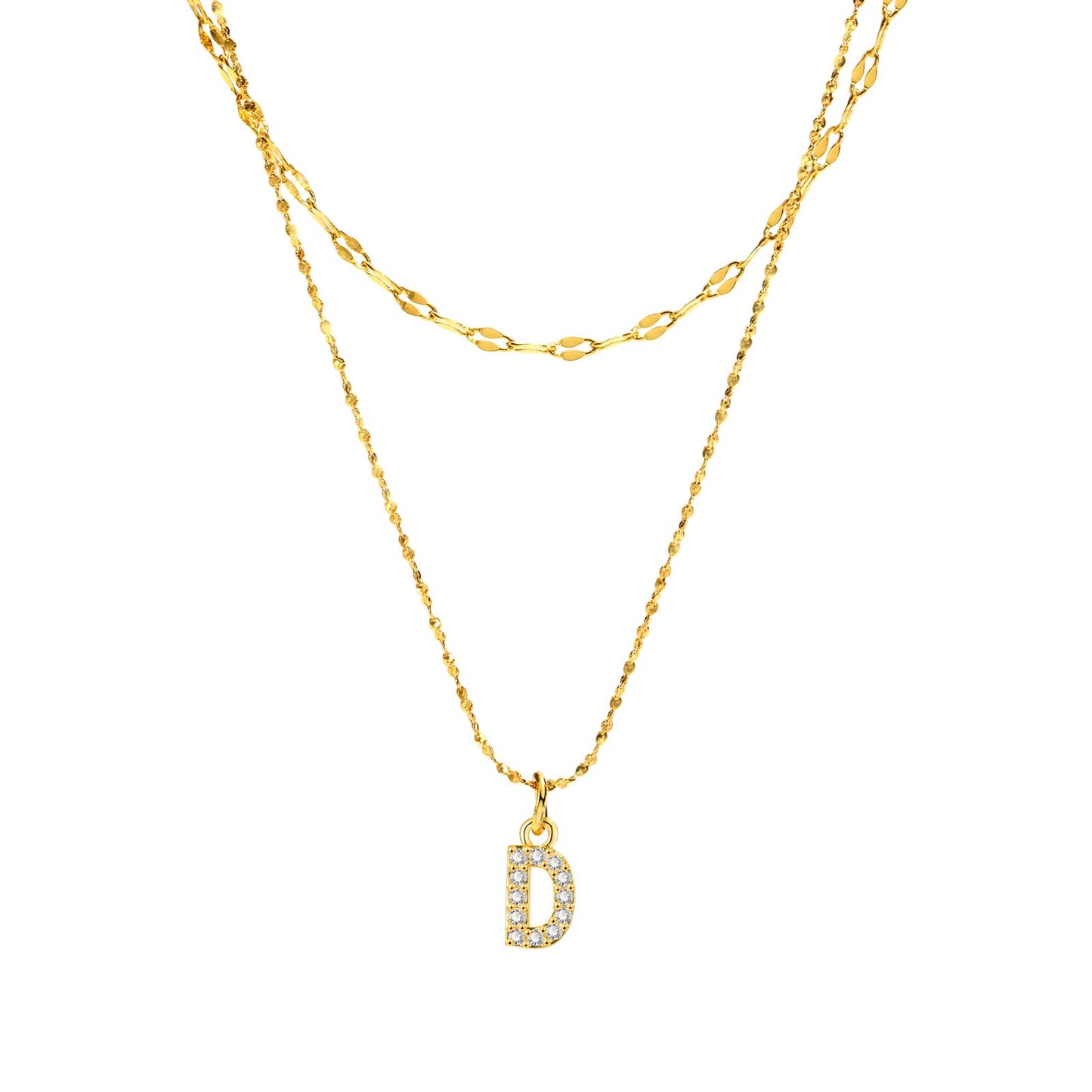 Rockyu イニシャルネックレス レディース ゴールド A〜Z 26文字 ジルコニア 二連チェーン ステンレス製 金属アレルギー対応