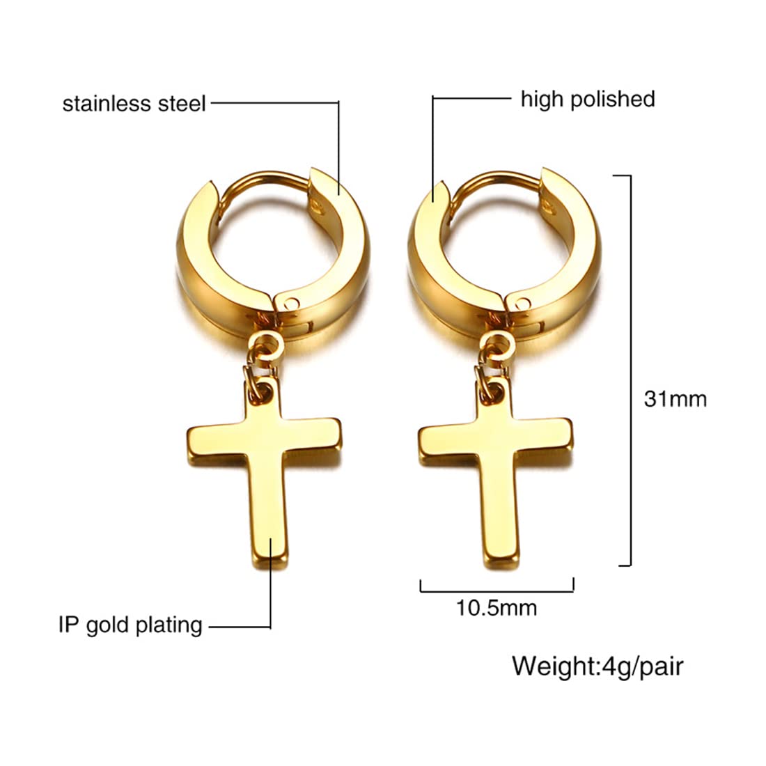 Rockyu ピアス レディース メンズ ゴールド クロス リングピアス フープ 十字架チャーム ステンレス製 金属アレルギー対応 ペアアクセサリー