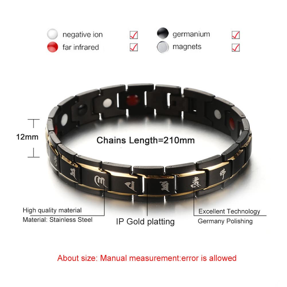 Rockyu ブレスレット メンズ ブラック 磁気 ゲルマニウム 静電気除去 ステンレス腕輪