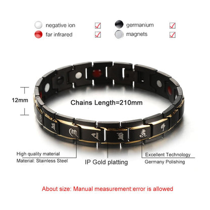 Rockyu ブレスレット メンズ ブラック 磁気 ゲルマニウム 静電気除去 ステンレス腕輪