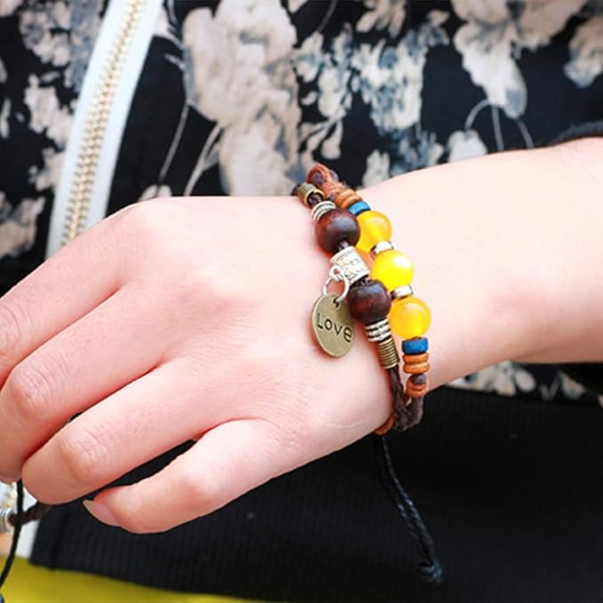 Rockyu ブレスレット メンズ レディース レザー ビーズ LOVEチャーム 多連 アジアン風 ブラウン 黄色ビーズ 編み込み 調整可能 アクセサリー ギフト