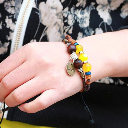 Rockyu ブレスレット メンズ レディース レザー ビーズ LOVEチャーム 多連 アジアン風 ブラウン 黄色ビーズ 編み込み 調整可能 アクセサリー ギフト