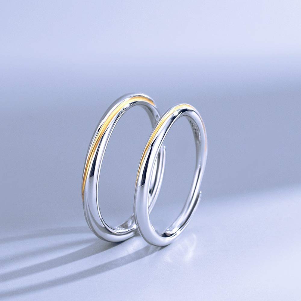 Rockyu ペアリング 2個セット S925 純銀製 指輪｜フリーサイズ 調整可能 ゴールド×シルバー