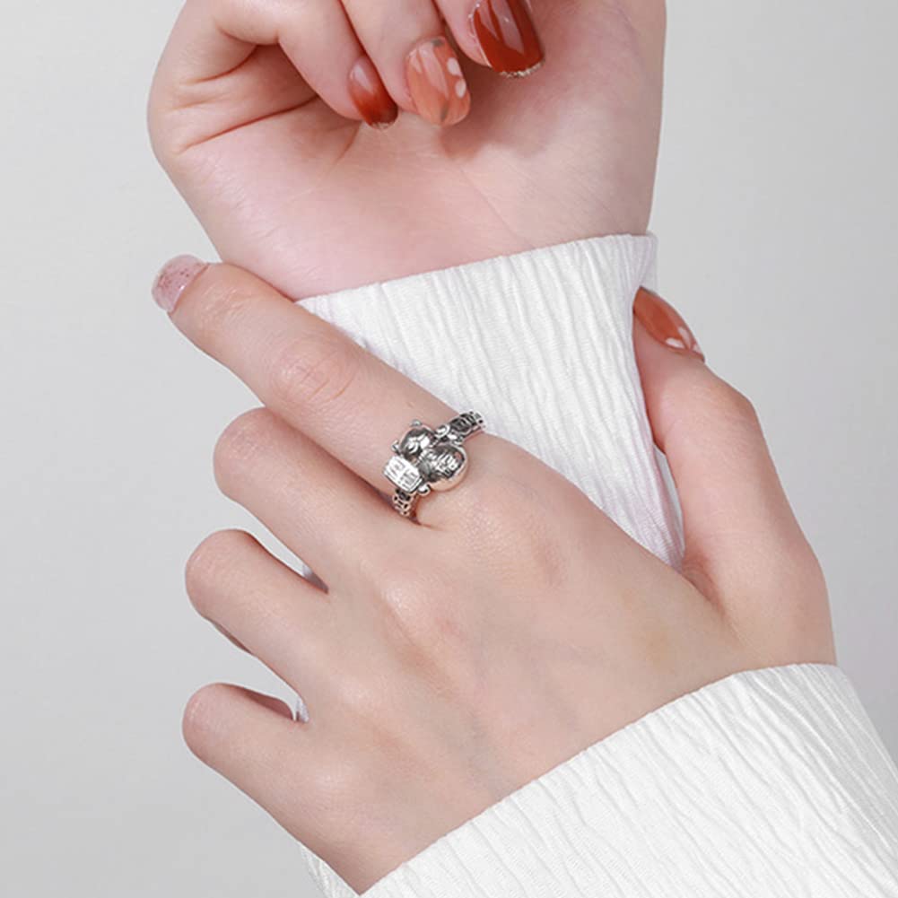 Rockyu 招き猫リング レディース フリーサイズ シルバー 銅銭モチーフ 文字刻印 調節可能