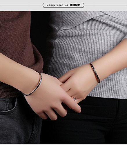 Rockyu ブレスレット ペア 人気 カップル メンズ レディース ピンクゴールド シルバー ブラック 黒 おしゃれ ブルージルコニア CZ 刻印 Love you is my fate C型 幅5mm 細い ペアバングル ステンレス 金属アレルギー対応 ファッション アクセサリー 彼氏彼女 誕生日 記念日 プレゼント (ピンクゴールド‐ペア)