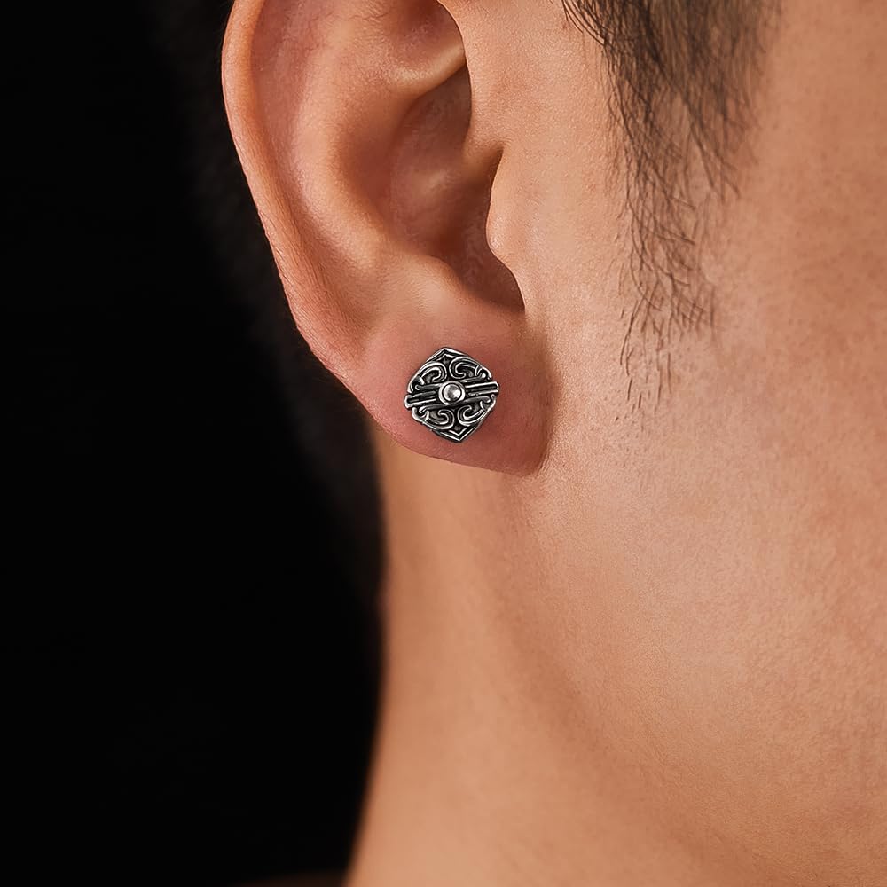 Rockyu ピアス メンズ ステンレス 片耳 四角モチーフ 彫刻風フラワーパターン ヴィンテージ調 アレルギー対応