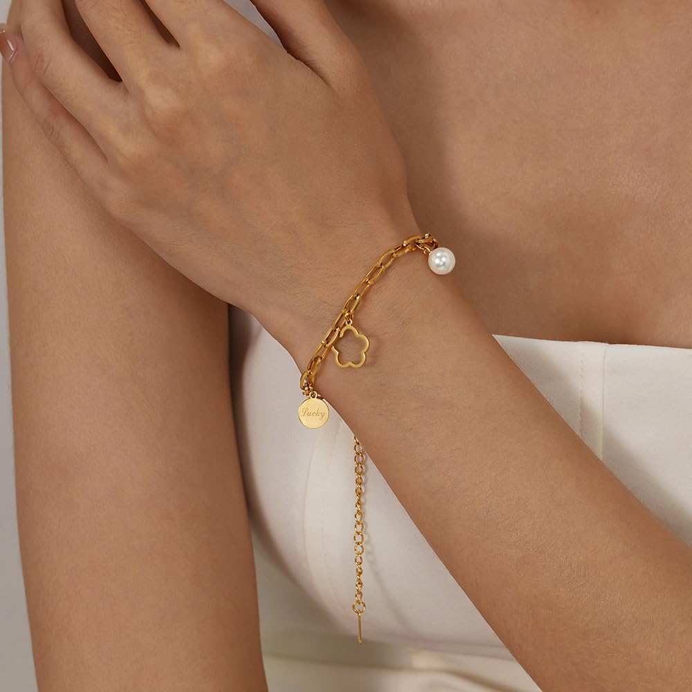 ブレスレット レディース ステンレス製 花モチーフ 18Kゴールド仕上げ パールチャーム付き