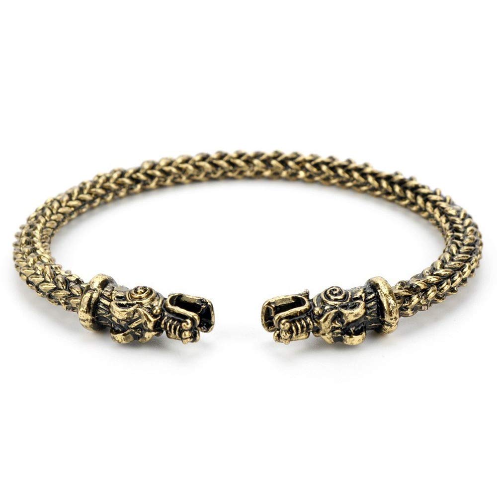 Rockyu 双頭竜ブレスレット メンズ 北欧風 ドラゴンバングル ステンレス製 金運＆魔除けアクセ