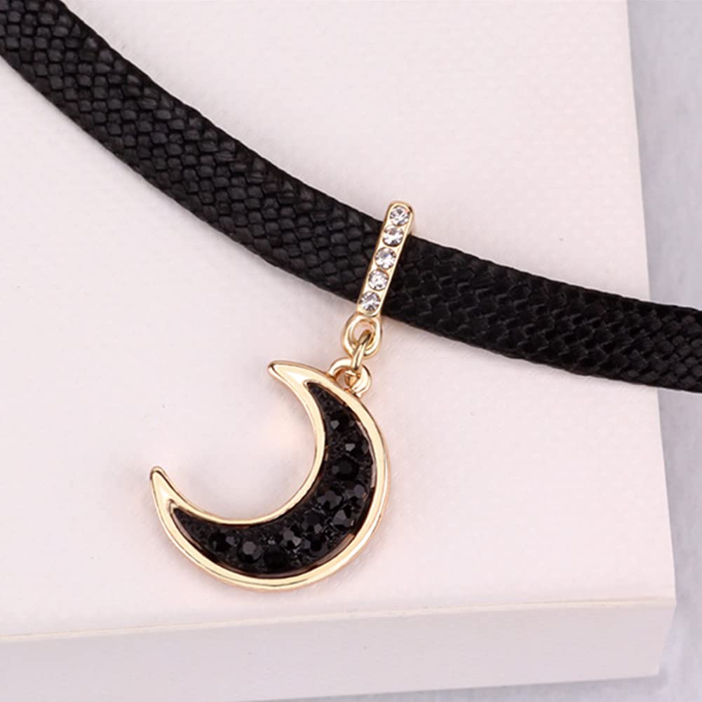 Rockyu 三日月チョーカー レディース 黒レザー×ピンクゴールド ジルコニア付き 金属アレルギー対応