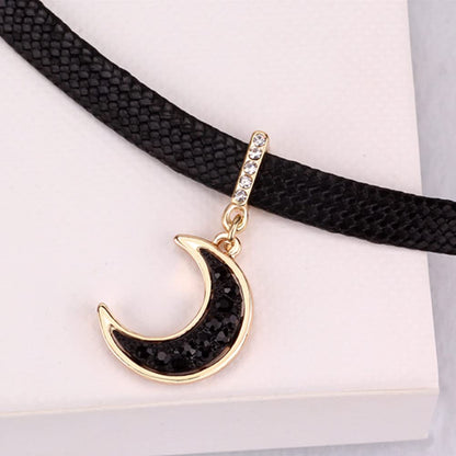 Rockyu 三日月チョーカー レディース 黒レザー×ピンクゴールド ジルコニア付き 金属アレルギー対応