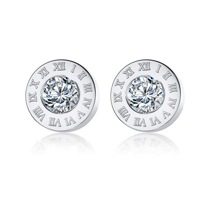 Rockyu レディースピアス ステンレス製 一粒ダイヤ＆ローマ数字刻印 スタッドタイプ