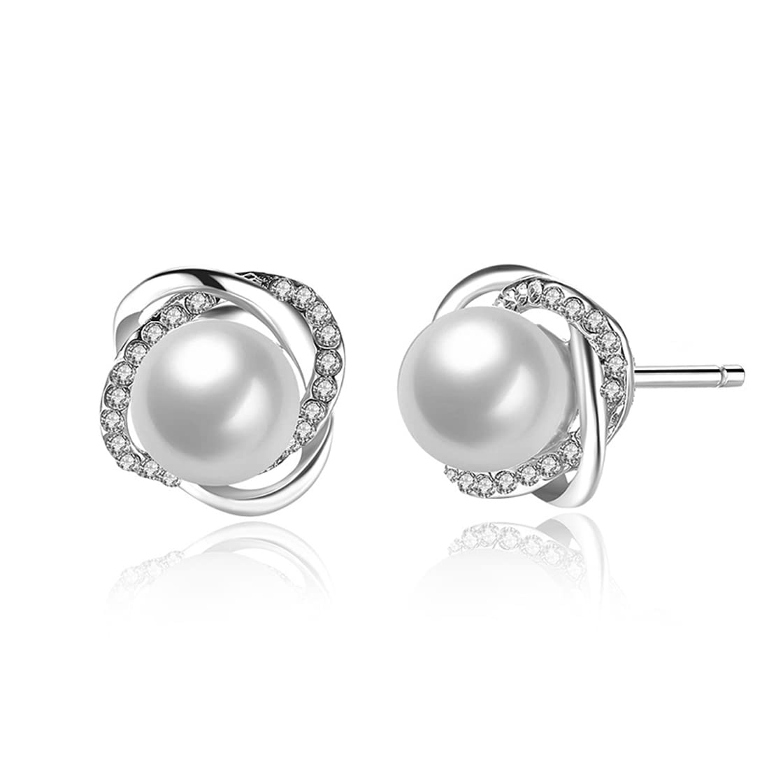 【プラチナ仕上げ】フェイクパール × ジルコン スタッドピアス｜大人の輝きと可憐さを纏うデザイン