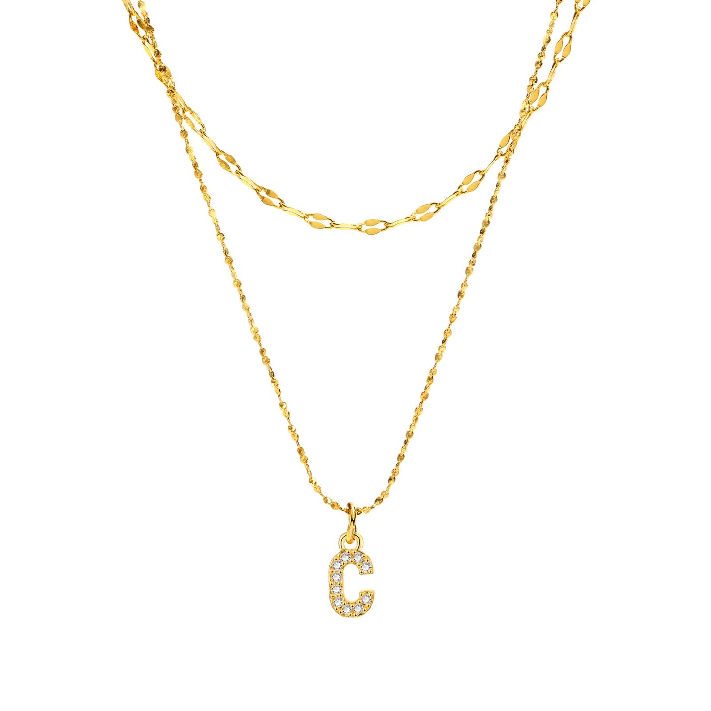 Rockyu イニシャルネックレス レディース ゴールド A〜Z 26文字 ジルコニア 二連チェーン ステンレス製 金属アレルギー対応