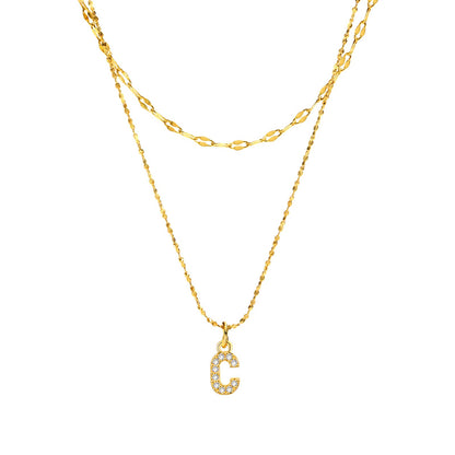 Rockyu イニシャルネックレス レディース ゴールド A〜Z 26文字 ジルコニア 二連チェーン ステンレス製 金属アレルギー対応