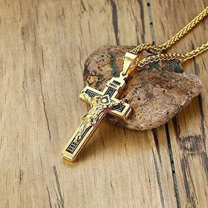 Rockyu ネックレス メンズ 十字架 ゴールド イエス クロスペンダント ステンレス製 宗教モチーフ