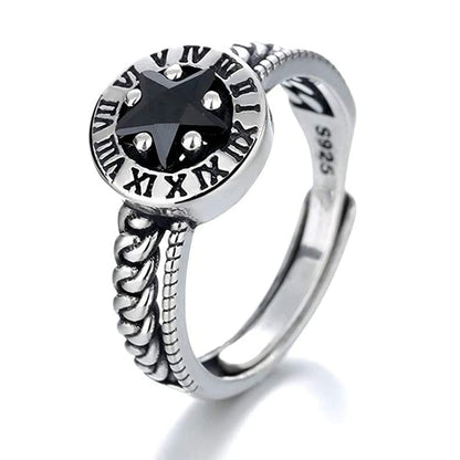 Rockyu ブラックストーン＆星モチーフ シルバー925リング メンズ・レディース対応