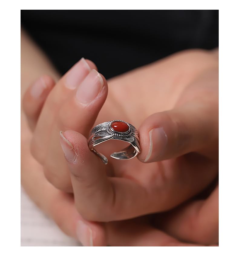 Rockyu 南紅瑪瑙 シルバー925 羽根モチーフリング アンティーク調 開口調整可能