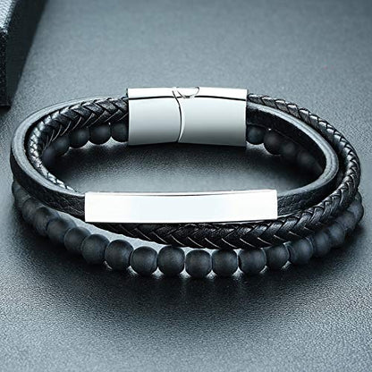 Rockyu ブレスレット メンズ レディース レザー ブラック ステンレス 3連 編み込み ビーズ 腕輪