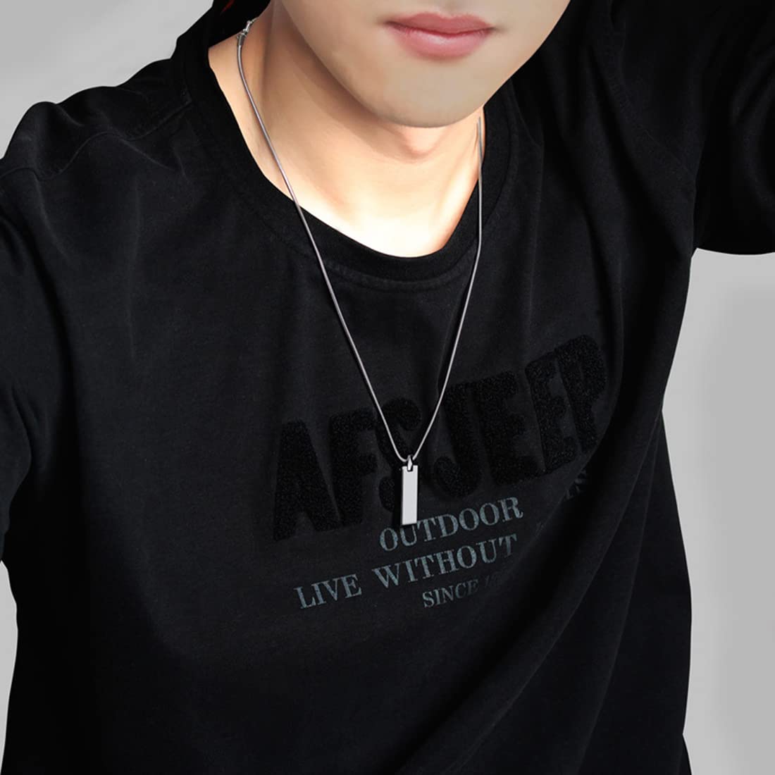 Rockyu ネックレス メンズ シルバー タングステン 長方形 スティックペンダント 鏡面加工 チェーン付き