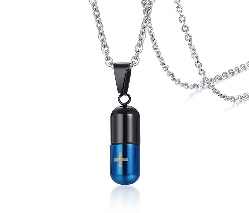 Rockyu カプセル型ネックレス 十字架刻印 ステンレス製 男女兼用 チタンカラーアクセサリー