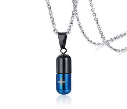 Rockyu カプセル型ネックレス 十字架刻印 ステンレス製 男女兼用 チタンカラーアクセサリー