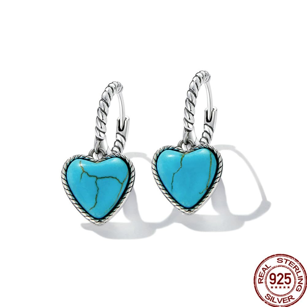 Rockyu シルバー925 ハート×ターコイズ フープピアス（ツイストデザイン）