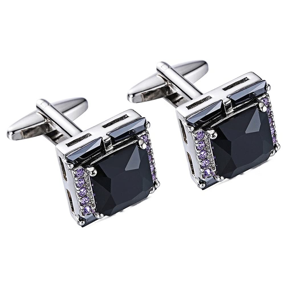 Rockyu メンズカフス ブラックオニキス風ストーンと紫ジルコニアの正方形カフリンクス