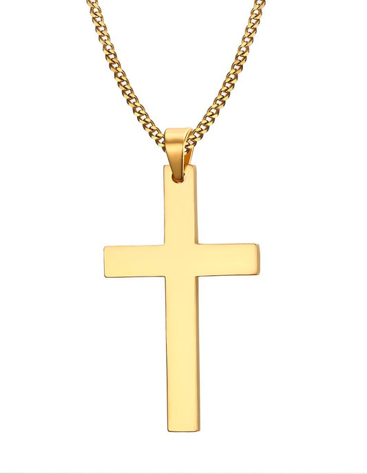 Rockyu シンプル十字架ペンダントネックレス【18金仕上げステンレス】