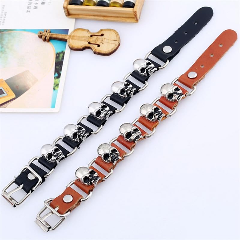 【13連スカルの主張】ドクロレザーブレスレット｜ブラック＆ブラウン パンクバングル