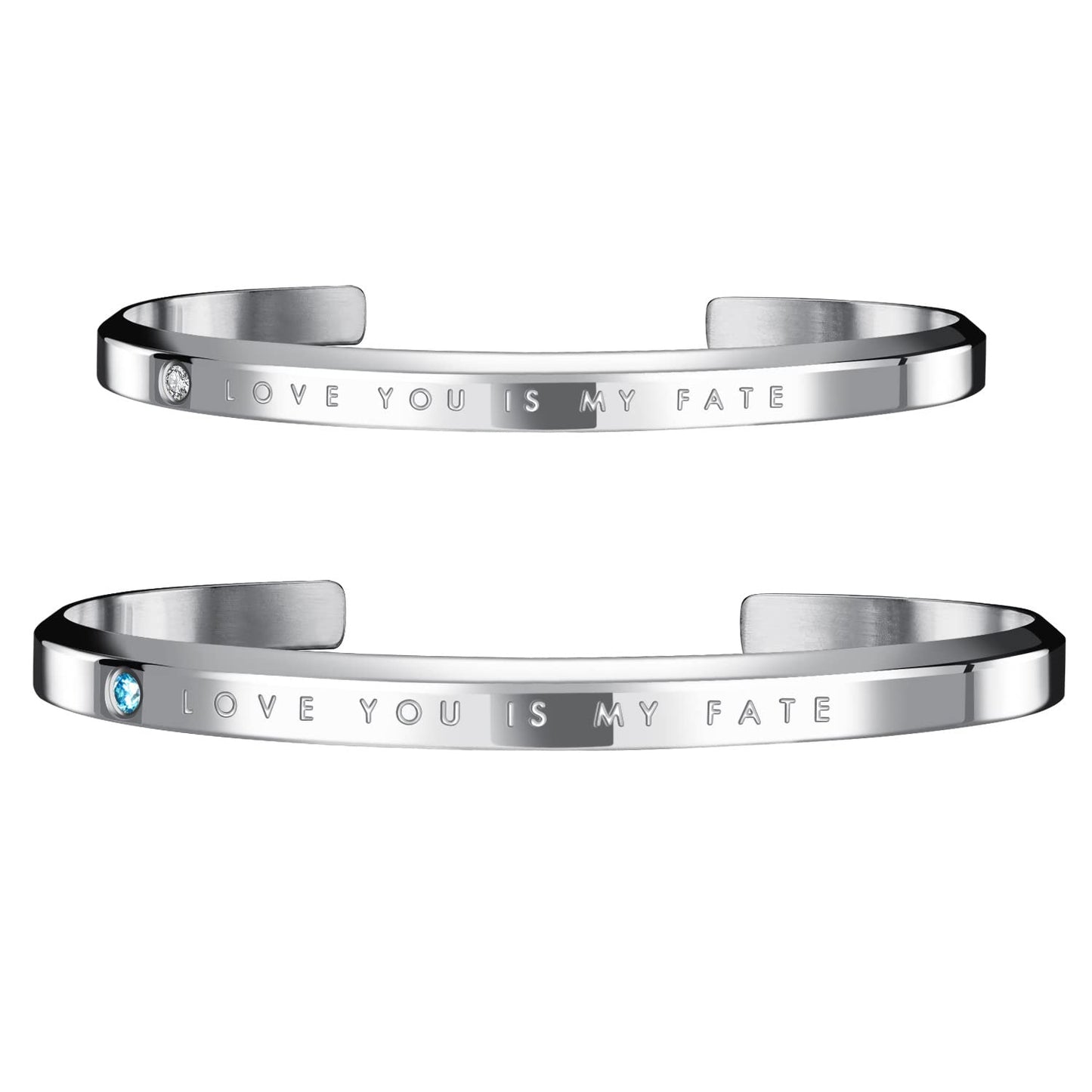 Rockyu ブレスレット ペア 人気 カップル メンズ レディース ピンクゴールド シルバー ブラック 黒 おしゃれ ブルージルコニア CZ 刻印 Love you is my fate C型 幅5mm 細い ペアバングル ステンレス 金属アレルギー対応 ファッション アクセサリー 彼氏彼女 誕生日 記念日 プレゼント (ピンクゴールド‐ペア)