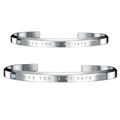 Rockyu ブレスレット ペア 人気 カップル メンズ レディース ピンクゴールド シルバー ブラック 黒 おしゃれ ブルージルコニア CZ 刻印 Love you is my fate C型 幅5mm 細い ペアバングル ステンレス 金属アレルギー対応 ファッション アクセサリー 彼氏彼女 誕生日 記念日 プレゼント (ピンクゴールド‐ペア)