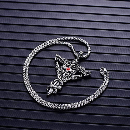 Rockyu 双竜クロスペンダント メンズネックレス｜ルビー装飾＆18Kメッキ仕様