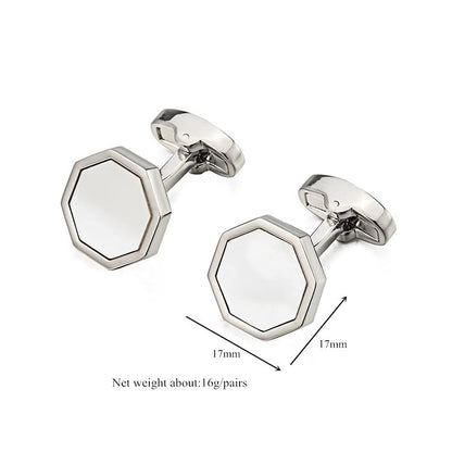Rockyu カフスボタン メンズ 八角形 シルバー 白蝶貝 ステンレス カフスセット