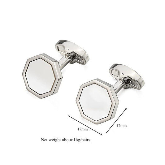 Rockyu カフスボタン メンズ 八角形 シルバー 白蝶貝 ステンレス カフスセット