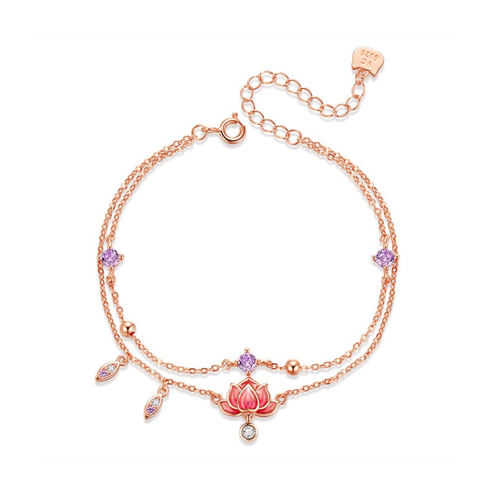 Rockyu アンクレット レディース ピンクゴールド 蓮華チャーム 二連チェーン 紫ジルコニア ステンレス 金属アレルギー対応